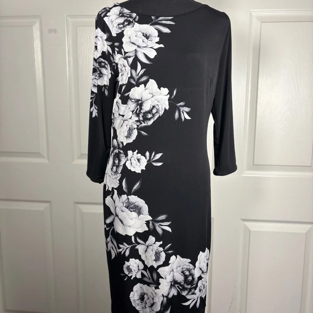White House Black Market Asymmetrical Black Dress with White Floral Design - Picture 2 of 13
